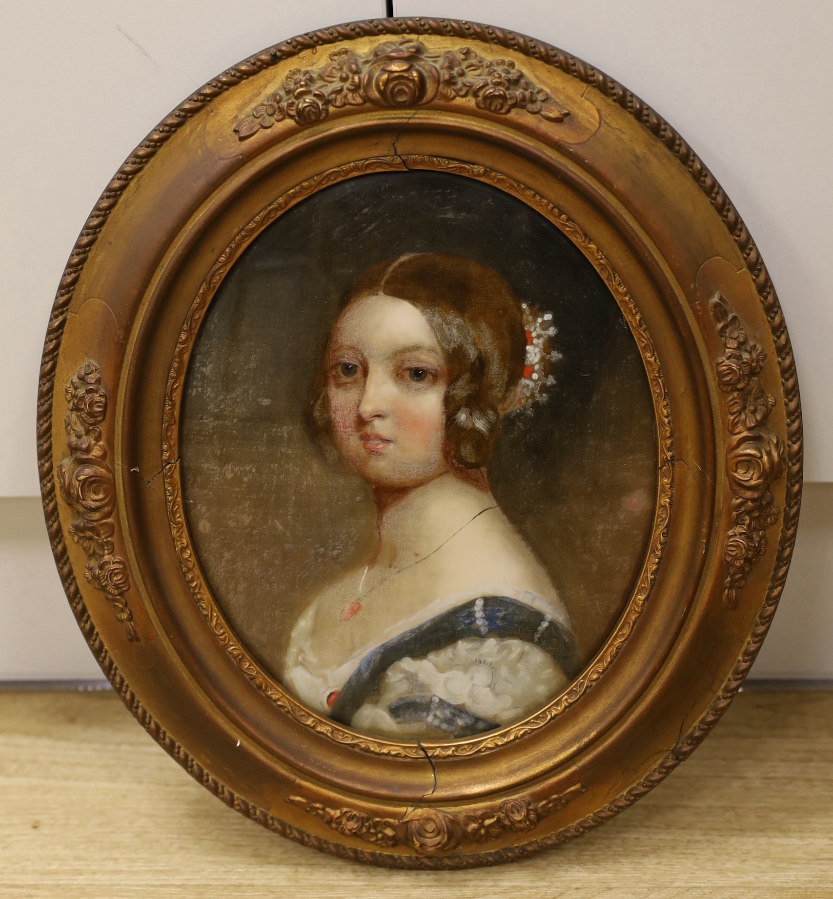19th century English School, reverse portrait on glass, Portrait of a young Queen Victoria, 26 x 20cm
